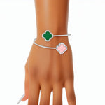 Load image into Gallery viewer, AKA Sorority Pink Green Stone Clover Open Bangle
