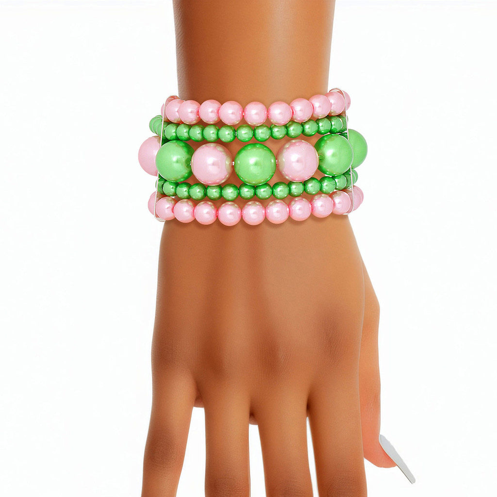 Bracelet Pink Green Stacked Pearls