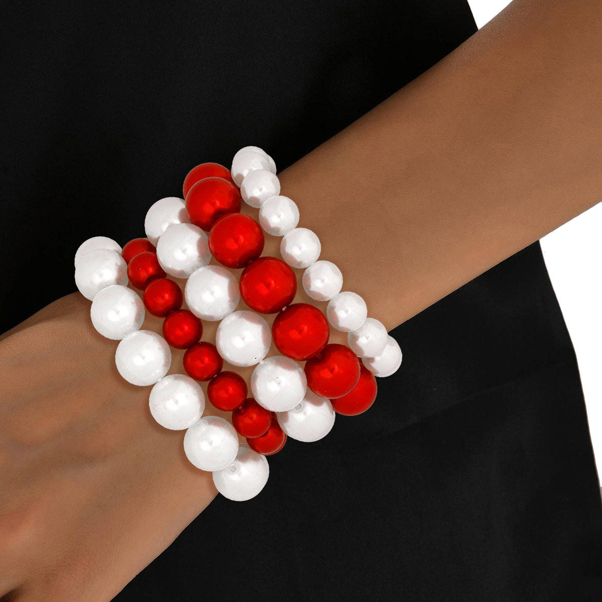 DST Red White Pearl Stretch 5 Pcs Bracelets Women