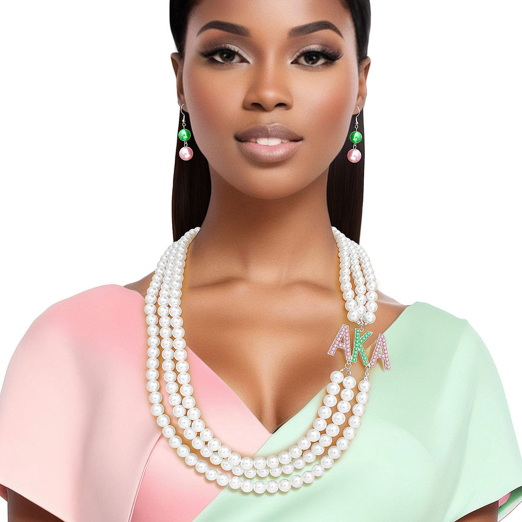 AKA Sorority White Long 3 Row Brooch Necklace